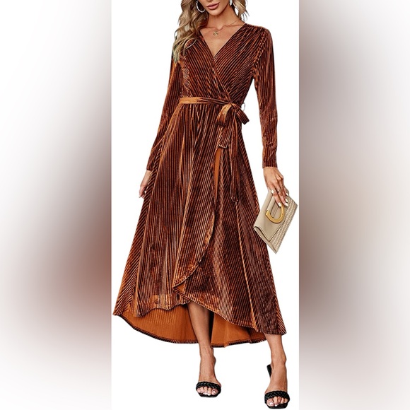 BERRYGO fall midi rust ribbed high long long sleeve V front wrap tie dress NWT - Picture 1 of 10
